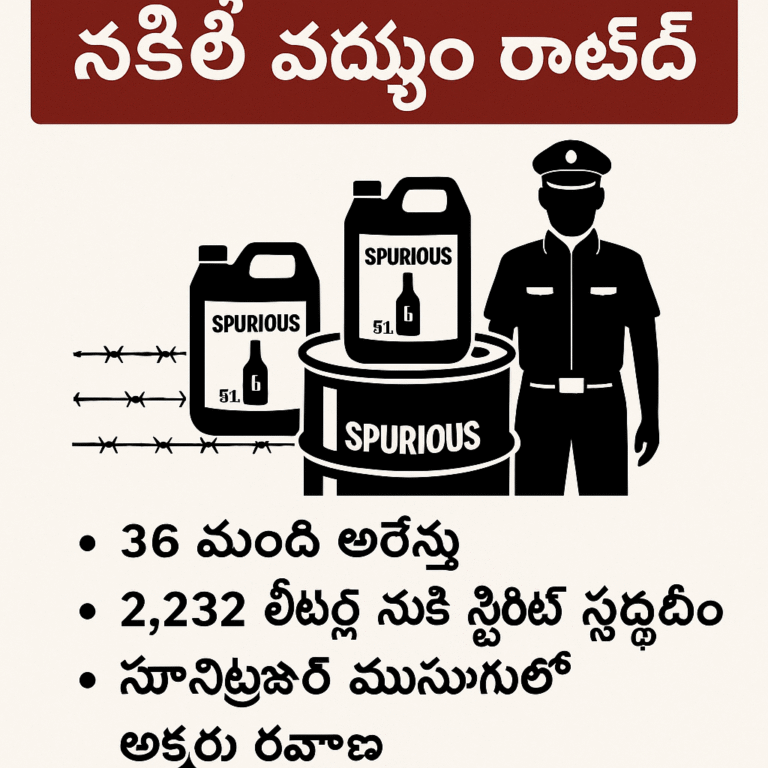 నకిలీ మద్యం రాకెట్‌పై తెలుగు వార్తా ఇమేజ్ – 36 మంది అరెస్ట్, 2,232 లీటర్ల స్పిరిట్ స్వాధీనం