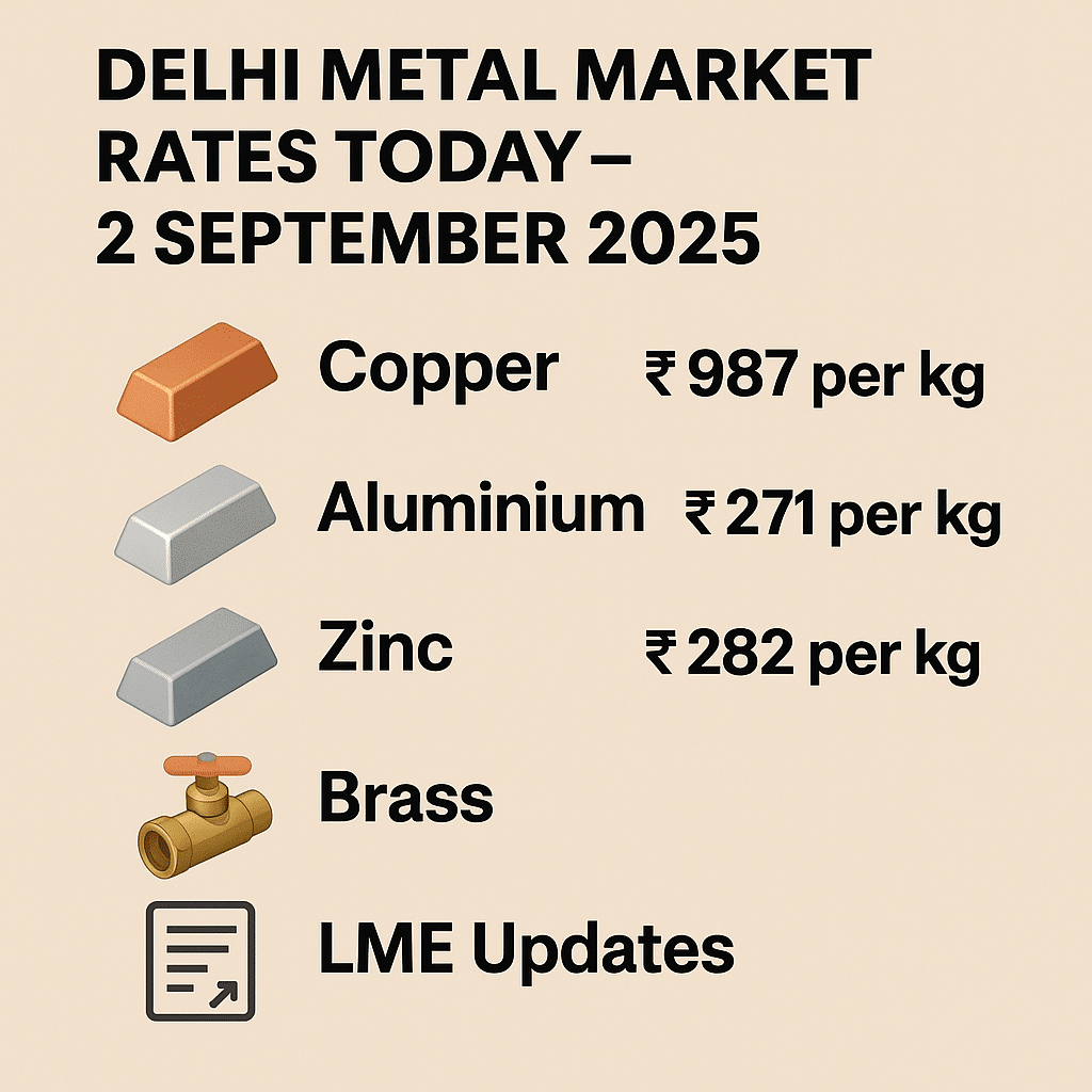 Delhi Metal Market Rates Today (02 September 2025) showing Copper, Aluminium, Zinc, Brass and LME price updates