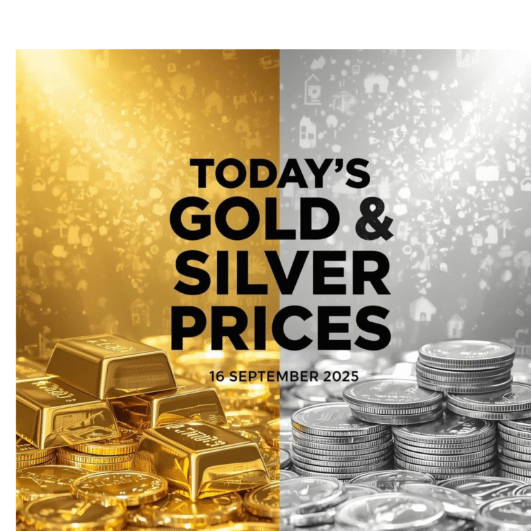 Today's Gold and Silver Prices – 16 September 2025 with gold bars and silver coins background
