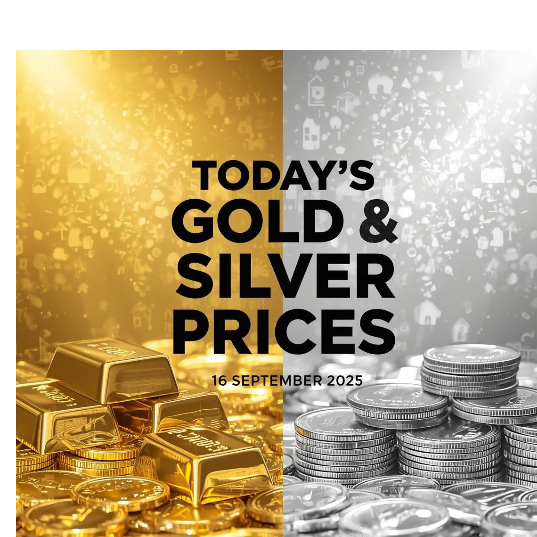 Today's Gold and Silver Prices – 16 September 2025 with gold bars and silver coins background